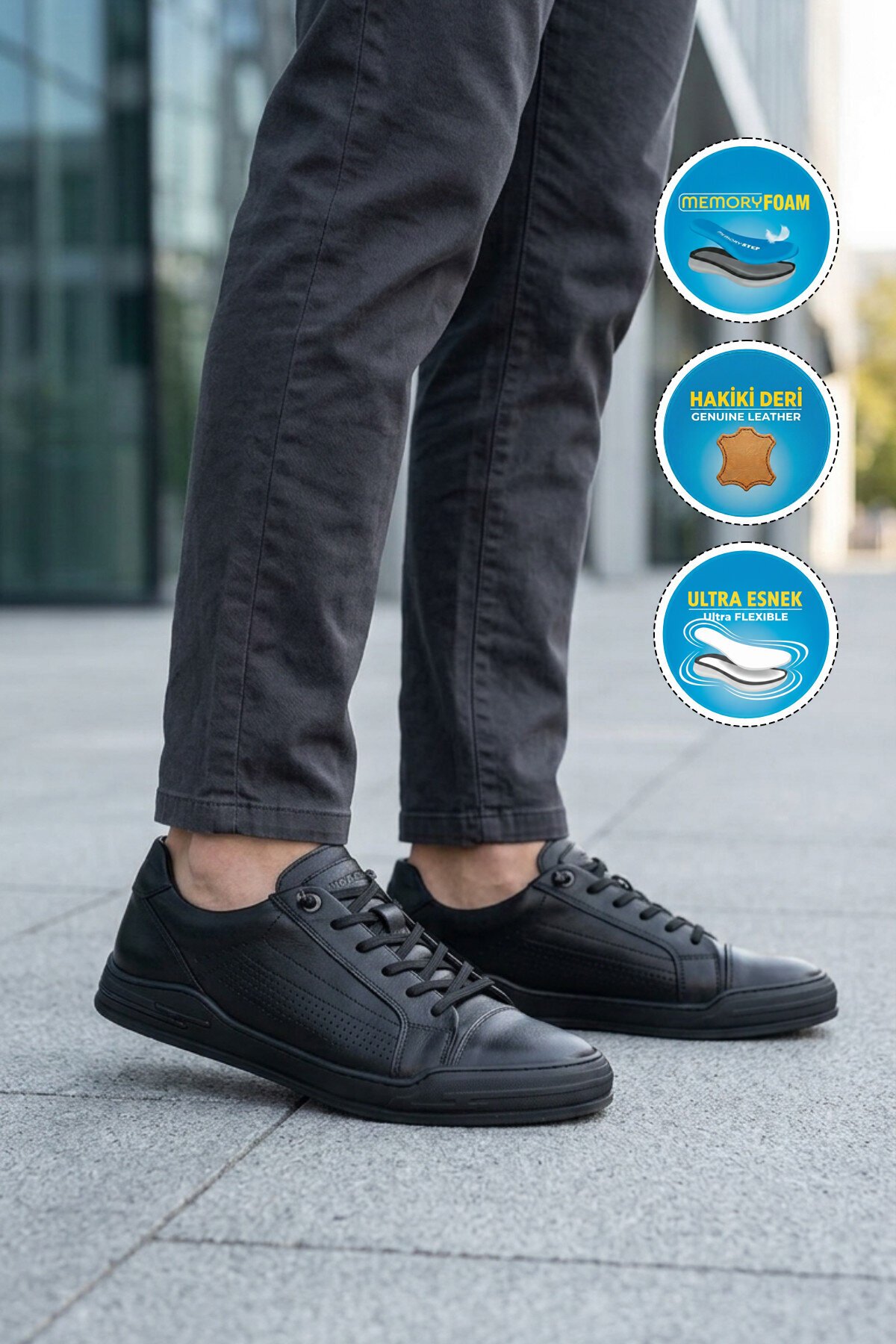 Siyah Hakiki Deri Erkek Günlük Sneaker Nefes Alabilen Memory Foam Casual Ayakkabı M682 M