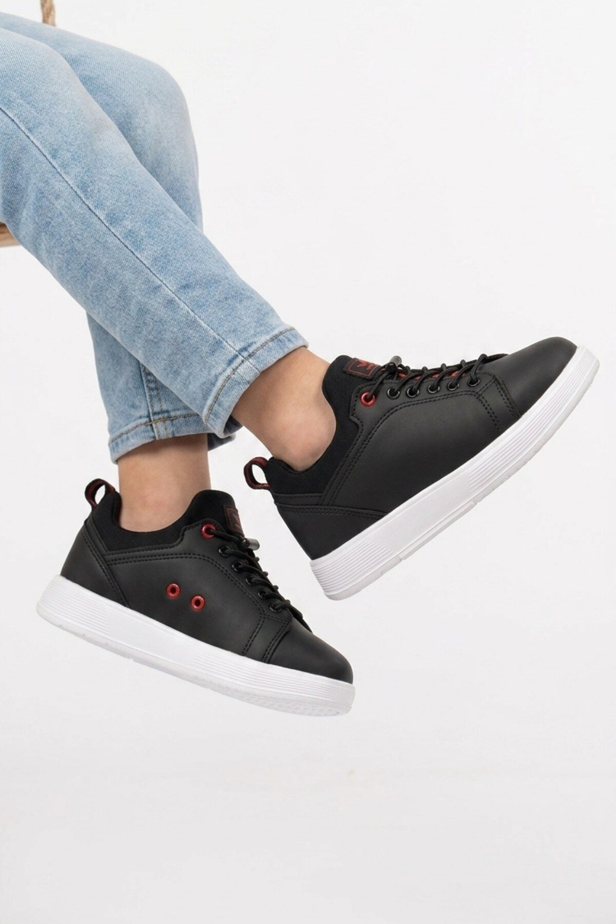Siyah-Kırmızı Comfort Rahat Taban Lastik Bağcıklı Erkek Çocuk Sneaker Balase F