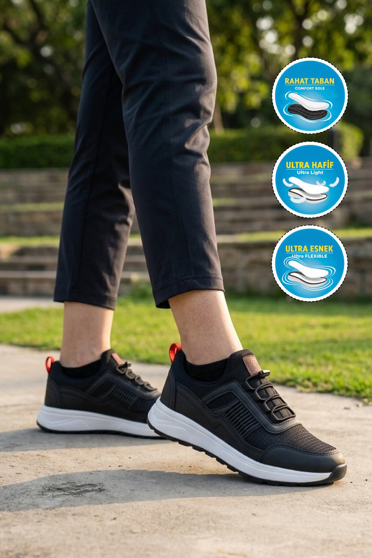 Siyah-Kırmızı Fileli Lastik Bağcıklı Rahat Tabanlı Unisex Yürüyüş ve Spor Ayakkabı Nans G
