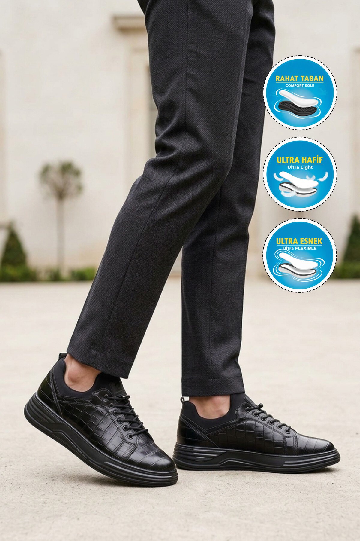Erkek Siyah Kroko Lastik Bağcıklı Rahat Hafif Tabanlı Spor Ayakkabı Sneaker Balase M