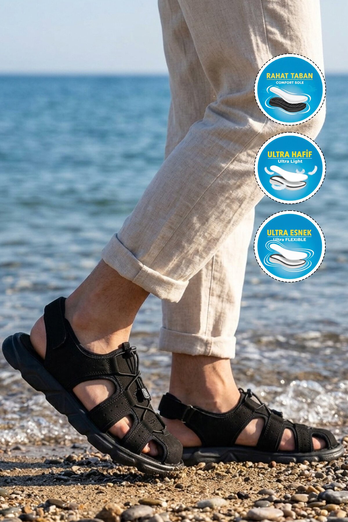 Erkek Outdoor Kapalı Burun Sandalet Lastik Bağcıklı Taban Siyah Ayakkabı 4870 M