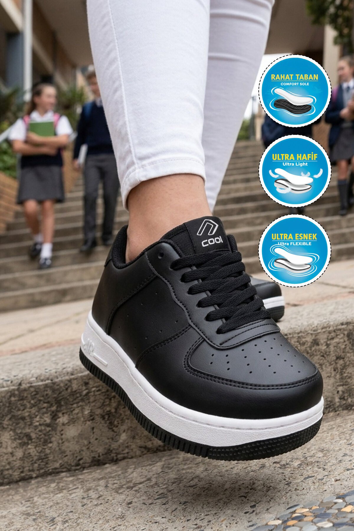 Siyah Bağcıklı Kalın Tabanlı Unisex Yürüyüş ve Spor Ayakkabı Klasik Sneaker Pekin Kısa