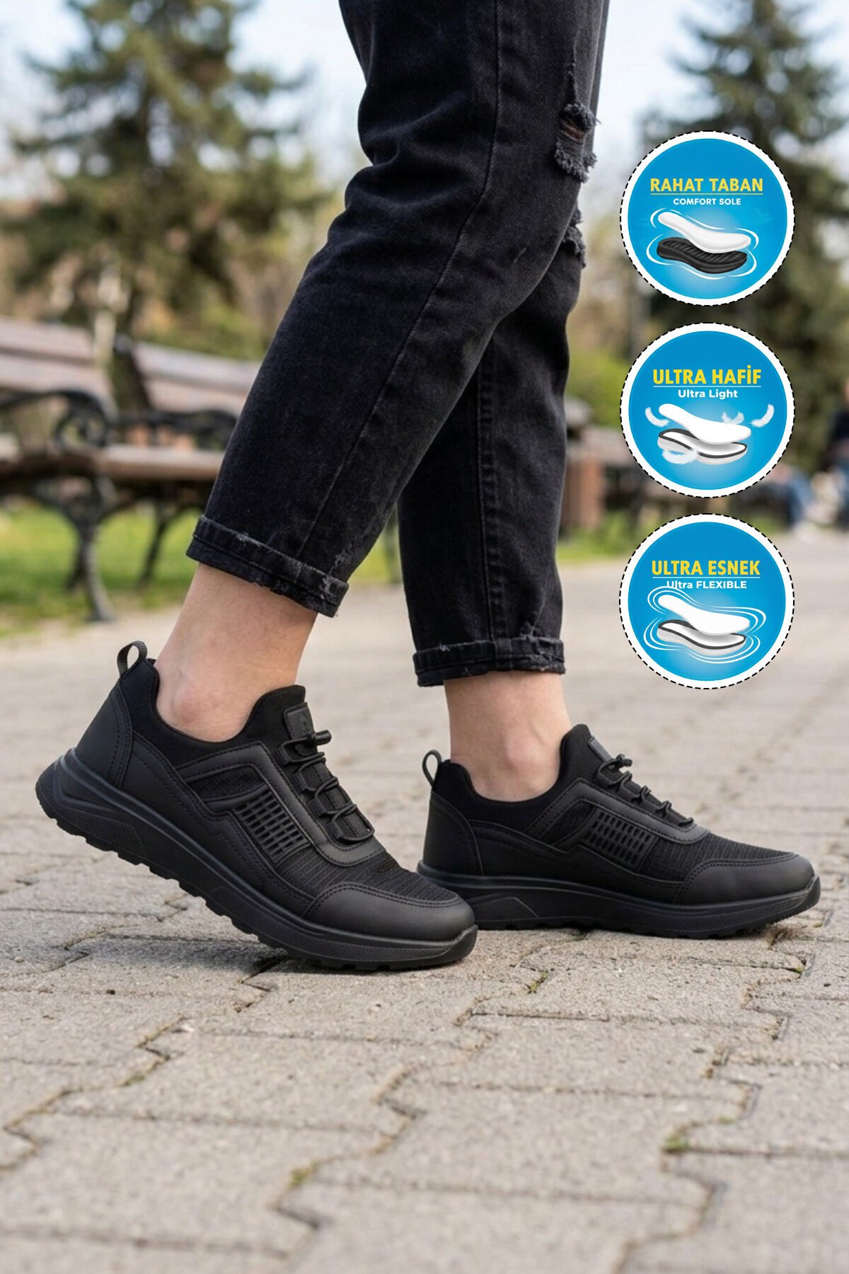 Siyah-Siyah Fileli Lastik Bağcıklı Rahat Tabanlı Unisex Yürüyüş ve Spor Ayakkabı Nans G