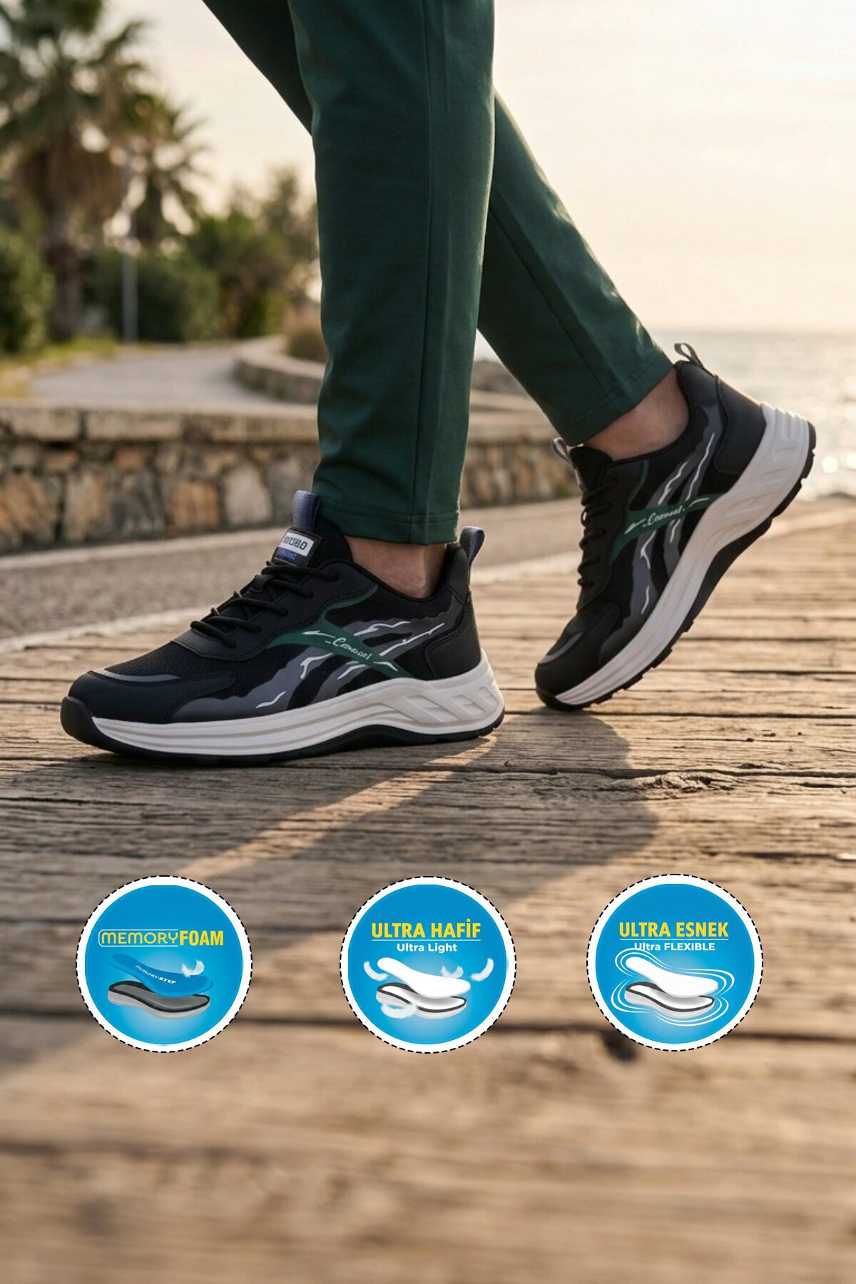 Erkek Memory Foam Hafif Esnek Taban Siyah Günlük Spor Ayakkabı Sneaker E275 M