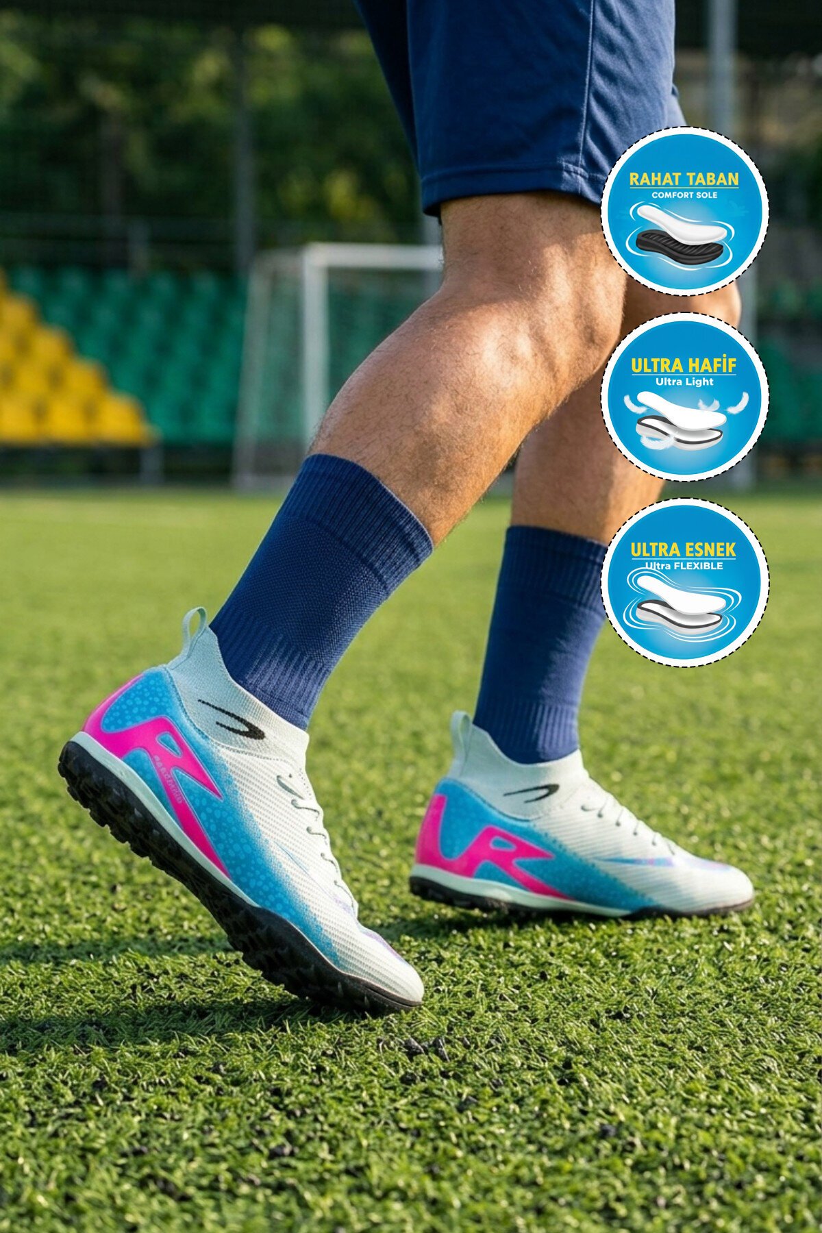 Su Yeşili-Mavi Çoraplı Bağcıklı Erkek Futbol Ayakkabısı Halı Saha Süperfly