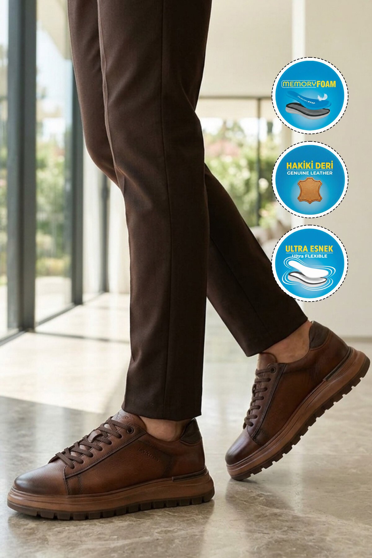 Taba Memory Foam Rahat Şık Hakiki Deri Erkek Günlük Ayakkabı Sneaker M387 M