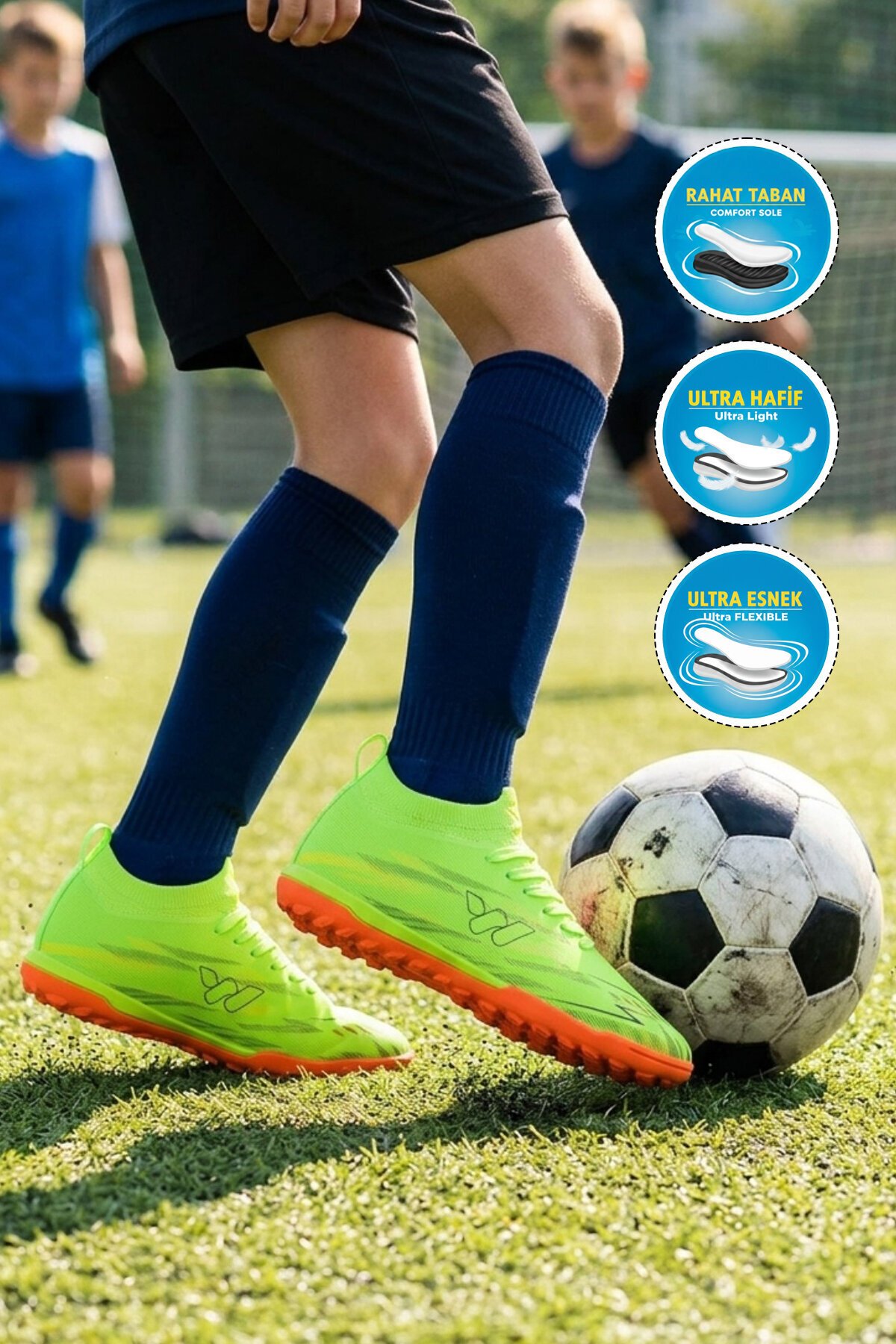 Yeşil Çoraplı Bağcıklı Unisex Çocuk Futbol Ayakkabısı Halı Saha Strike F