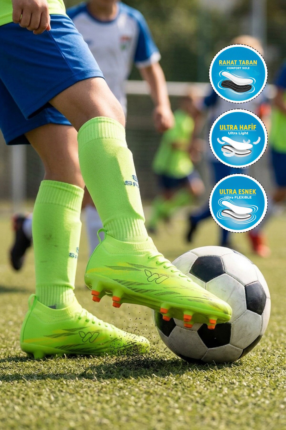 Yeşil Çoraplı Bağcıklı Unisex Çocuk Futbol Ayakkabısı Krampon Strike F