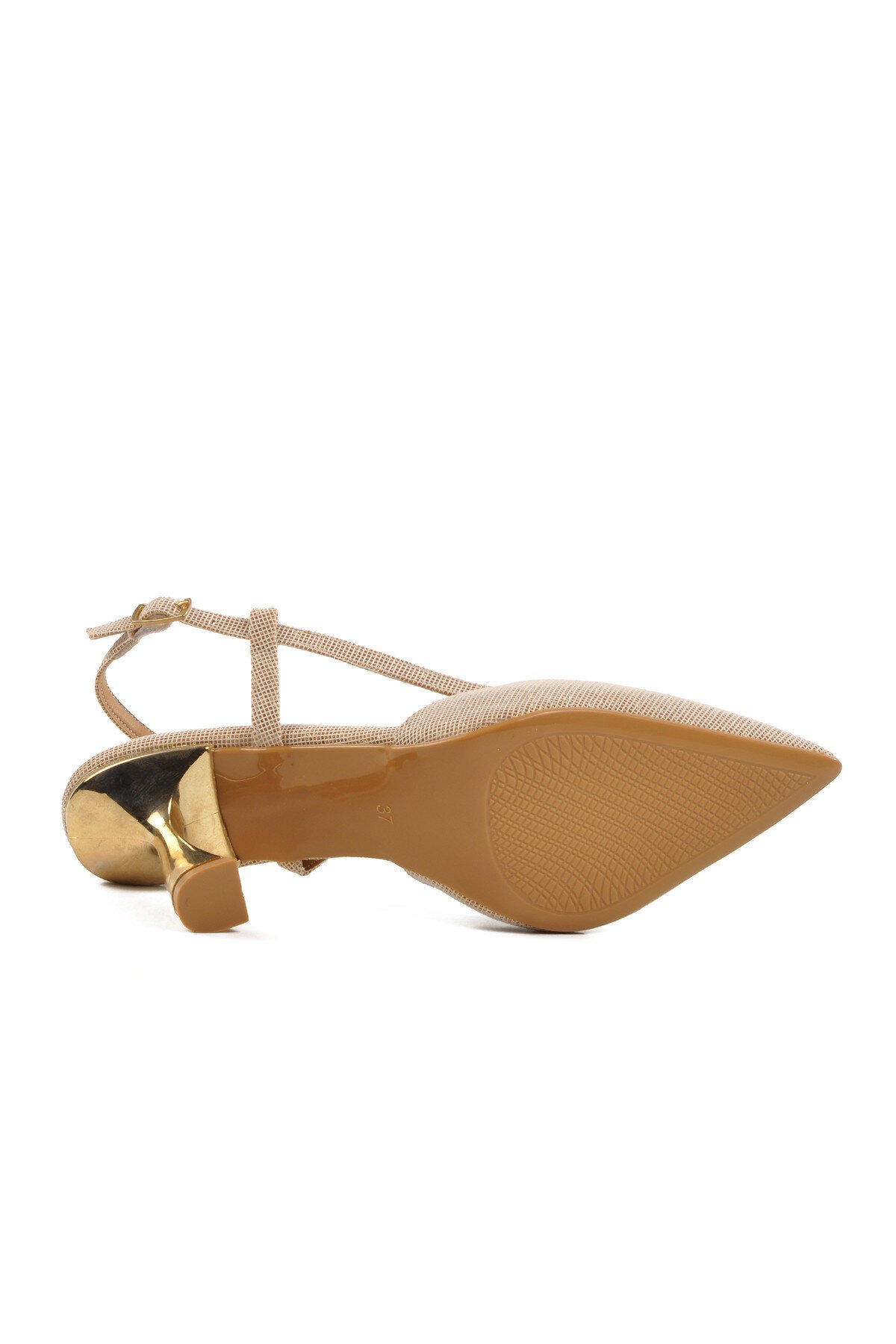 Ayakmod Bej İnce Topuk Simli Kadın Topuklu Ayakkabı