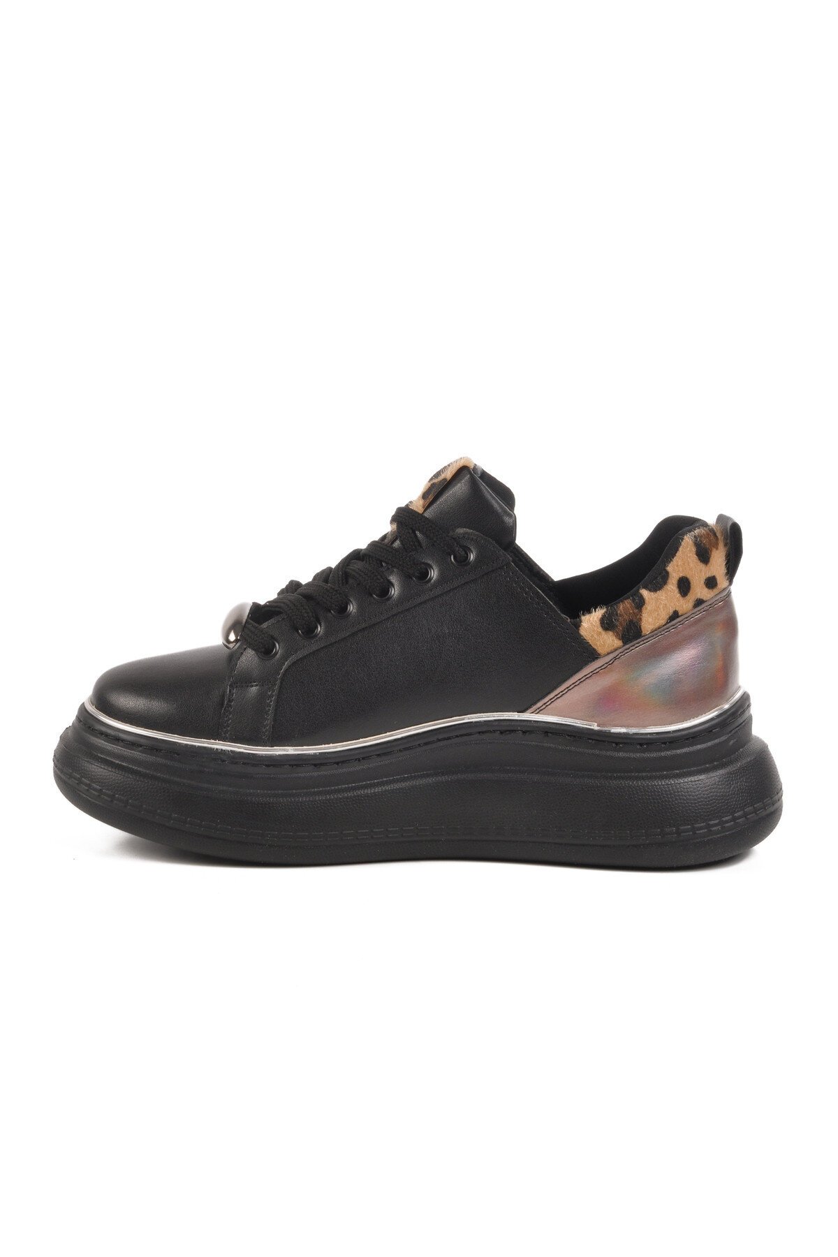Siyah Leopar Yüksek Tabanlı Kadın Sneaker T-300 Z