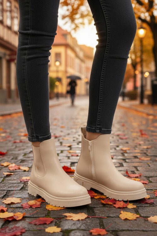 Bej İçi Polarlı Fermuarlı Kadın Bot 24071 Z