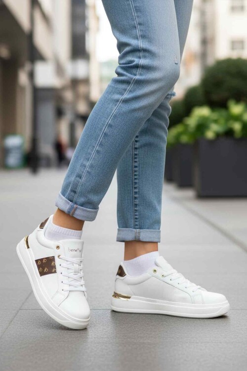 Beyaz Bağcıklı Kalın Tabanlı Kadın Yürüyüş ve Spor Ayakkabı Sneaker BNI-12132
