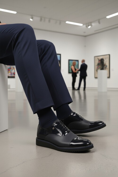 Lacivert Rugan Hakiki Deri Erkek Günlük Ayakkabı 6590 M