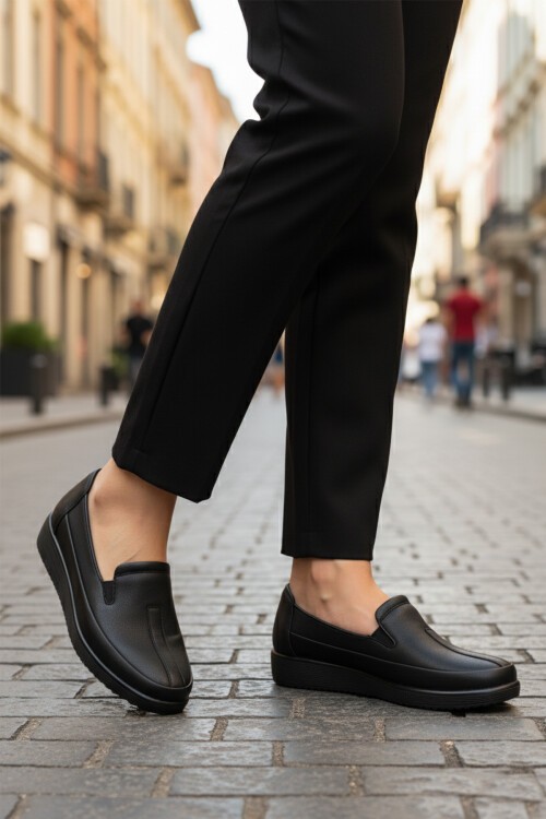 Siyah Cilt Anatomic Taban Hafif Kadın Günlük Ayakkabı 293117 Z