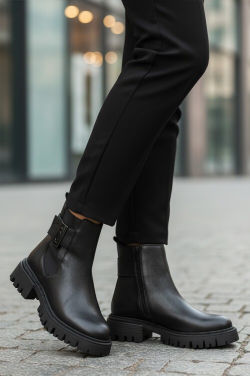 Siyah Hakiki Deri Kaymaz Taban Fermuarlı Kadın Bot Premium 23783-1 Z