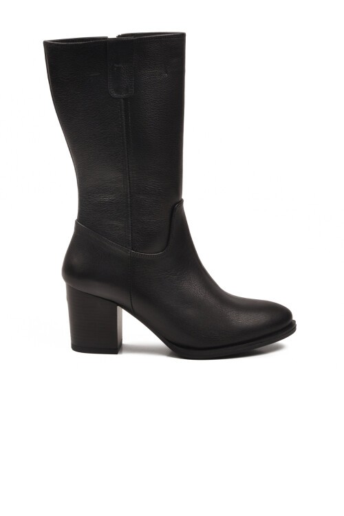 Siyah Hakiki Deri Kaymaz Taban Topuklu Kadın Çizme 86620-1 Z