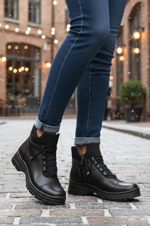 Siyah Fermuarlı Lastik Bağcıklı Kadın Bot 112 Z