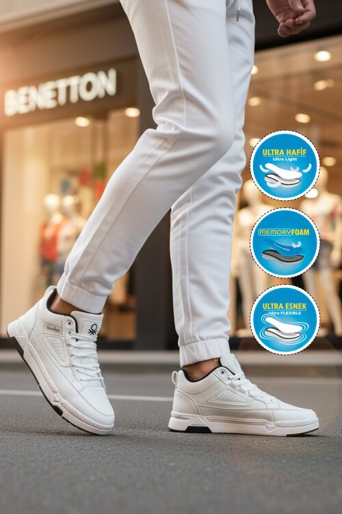 Beyaz Hafızalı Rahat Tabanlı Bilek Boy Erkek Spor Ayakkabı Sneaker BNI-11196