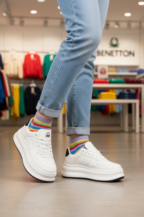 Beyaz Bağcıklı Kalın Tabanlı Unisex Yürüyüş ve Spor Ayakkabı Sneaker BN-12156