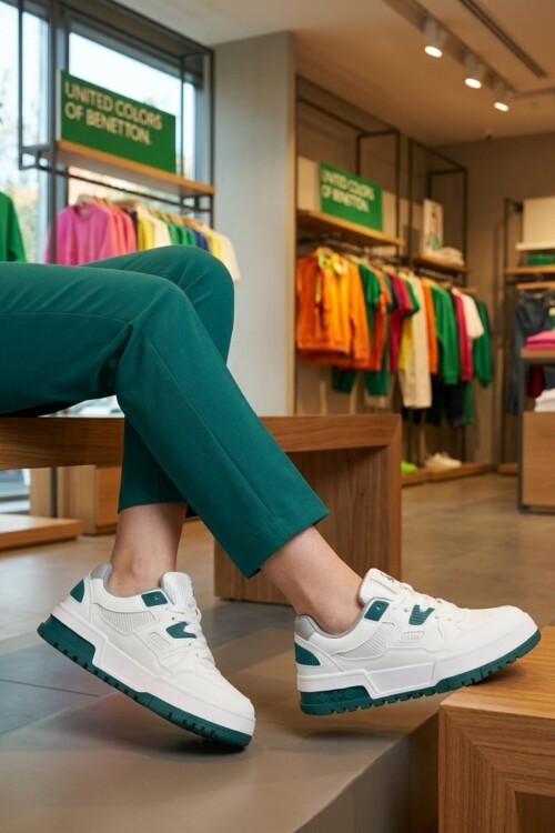Beyaz-Yeşil Bağcıklı Kalın Tabanlı Unisex Yürüyüş ve Spor Ayakkabı Sneaker BN-12158