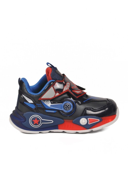 Lacivert-Kırmızı Cırtlı Kalın Rahat Tabanlı Desenli Erkek Çocuk Spor Ayakkabı Sneaker 2044 P