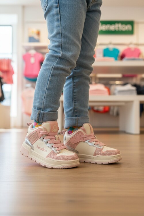 Pembe Bağcıklı Kalın Tabanlı Taş Detaylı Bilek Boy Kız Çocuk Spor Ayakkabı Sneaker BN-12038