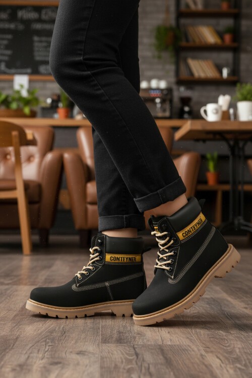 Siyah Nubuk Bağcıklı Kalın Kaymaz Tabanlı Unisex Bilek Bot 922