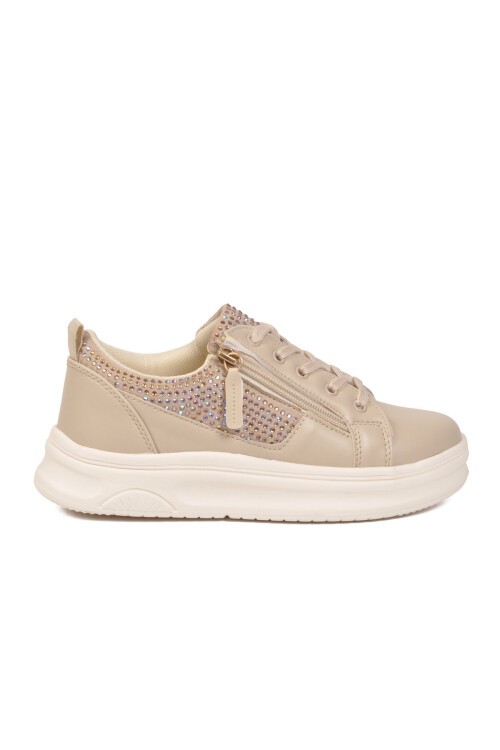 Bej-Krem Bağcıklı Kalın Tabanlı Kadın Casual Yürüyüş ve Spor Ayakkabı Sneaker 010