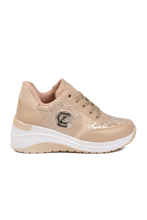 Bej Kalın Tabanlı Bağcıklı Kadın Casual Yürüyüş Ayakkabı Sneaker 3016