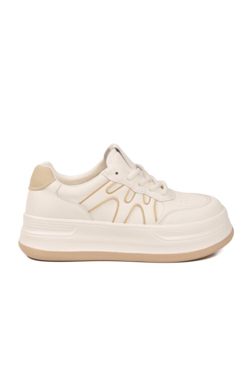 Bej Kalın Rahat Tabanlı Bağcıklı Kadın Yürüyüş ve Spor Ayakkabı Sneaker K262-1064
