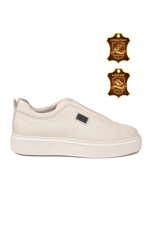Beyaz Hakiki Deri Hafızalı Rahat Taban Lastik Bantlı Erkek Casual Ayakkabı Sneaker E3789
