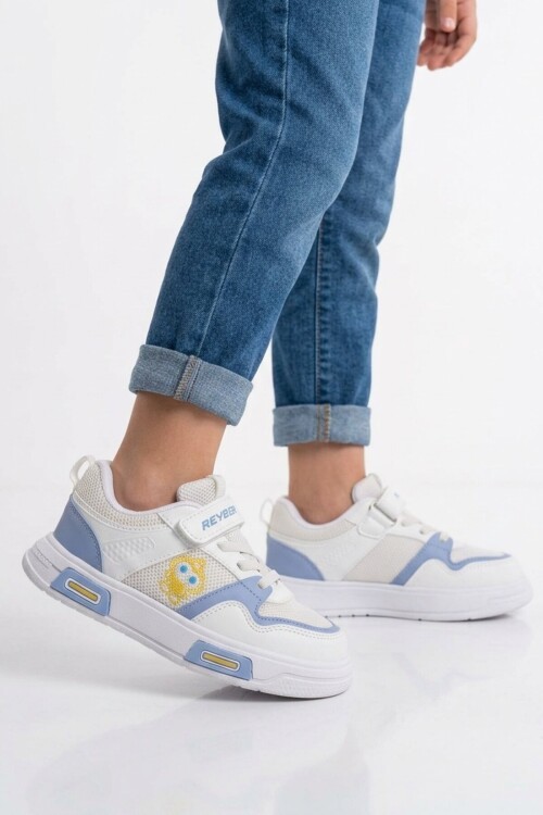 Beyaz-Mavi Cırtlı Fileli Cırtlı Erkek Çocuk Spor Ayakkabı Sneaker 026 F