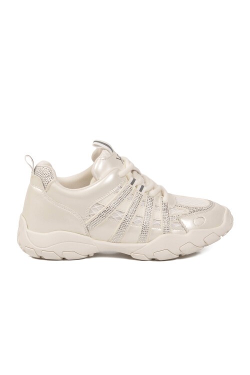 Beyaz Bağcıklı Taş Detaylı Kadın Casual Yürüyüş Ayakkabı Sneaker K262-1049