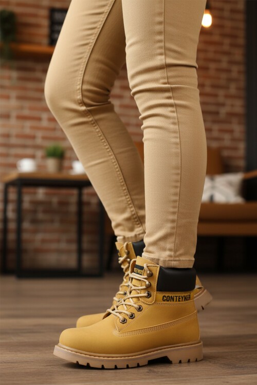 Camel Nubuk Bağcıklı Kalın Kaymaz Tabanlı Unisex Bilek Bot 922
