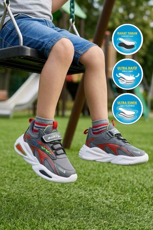 Füme-Kırmızı Tekstil Hafif Esnek Erkek Çocuk Spor Ayakkabı 2470 P