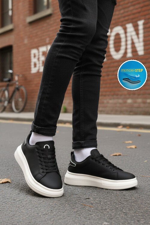 Siyah-Beyaz Bağcıklı Kalın Tabanlı Erkek Yürüyüş ve Spor Ayakkabı Sneaker BNI-12081
