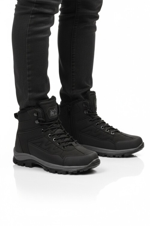 Siyah Kırışık Bağcıklı Fermuarlı Soğuğa Dirençli Kaymaz Unisex Outdoor Trekking Bot 980