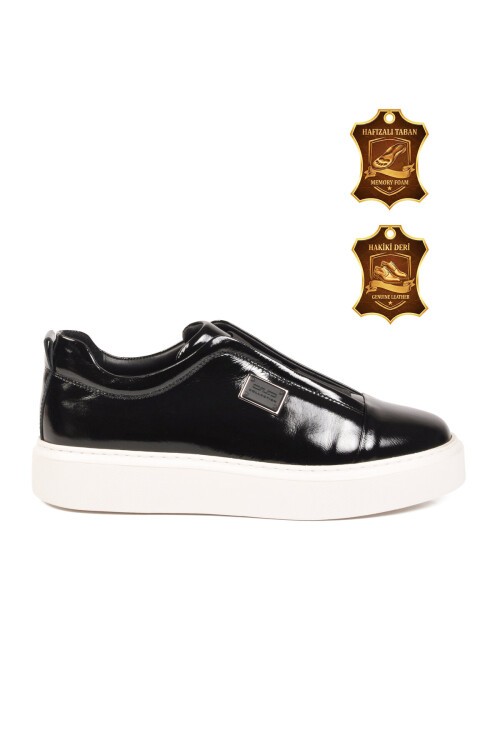 Siyah Kırışık Rugan Hakiki Deri Hafızalı Rahat Taban Lastik Bantlı Erkek Casual Ayakkabı Sneaker E3789