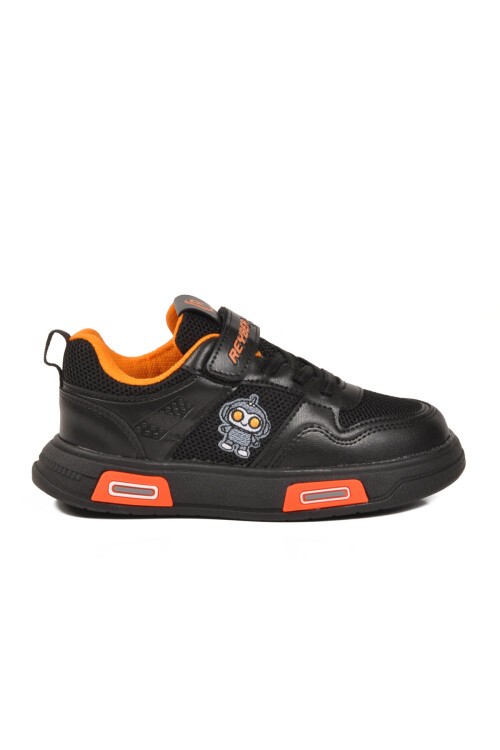 Siyah-Oranj Cırtlı Fileli Cırtlı Erkek Çocuk Spor Ayakkabı Sneaker 026 F