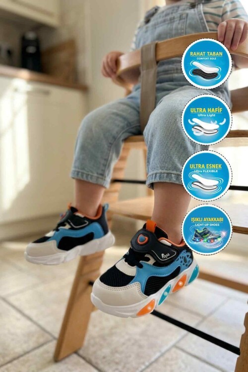 Siyah-Oranj Fileli Hafif Cırtlı Bebek Spor Ayakkabı Luna B