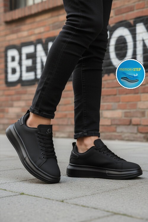 Siyah Bağcıklı Kalın Tabanlı Erkek Yürüyüş ve Spor Ayakkabı Sneaker BNI-12081