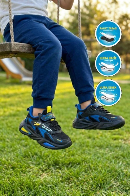 Siyah-Sarı-Saks Tekstil Hafif Esnek Erkek Çocuk Spor Ayakkabı 2470 P