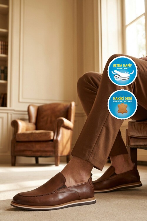 Premium Taba Hakiki Deri Erkek Günlük Ayakkabı 2554 M