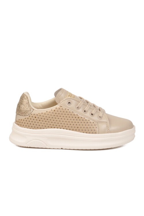 Bej-Altın Bağcıklı Kalın Tabanlı Kadın Casual Yürüyüş ve Spor Ayakkabı Sneaker 014