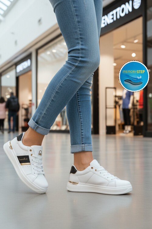 Bej-Altın Bağcıklı Kalın Rahat Tabanlı Kadın Yürüyüş ve Spor Ayakkabı Sneaker BNI-12074