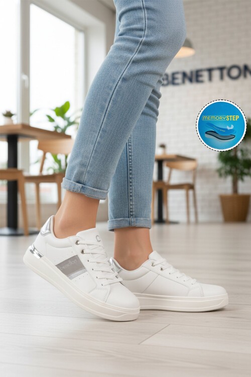 Bej-Gümüş Bağcıklı Kalın Rahat Tabanlı Kadın Yürüyüş ve Spor Ayakkabı Sneaker BNI-12074