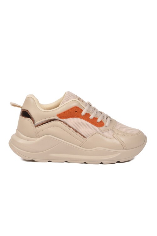 Bej Fileli Bağcıklı Kalın Tabanlı Kadın Yürüyüş ve Spor Ayakkabı Sneaker 051 (Y)