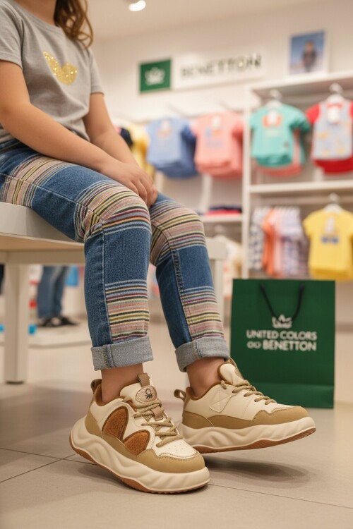 Bej Bağcıklı Kalın Tabanlı Unisex Çocuk Spor Ayakkabı Snekaer BN-12056