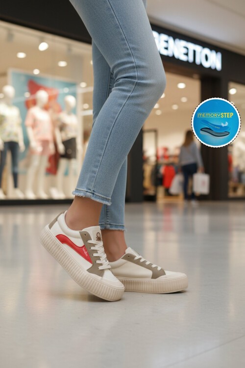 Bej Kalın Tabanlı Bağcıklı Kadın Yürüyüş ve Spor Ayakkabı Sneaker BNI-10105