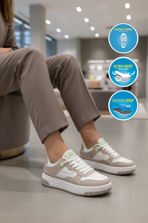 Beyaz-Gri Bağcıklı Kalın Rahat Tabanlı Unisex Sneaker Yürüyüş ve Spor Ayakkabı BNI-11509